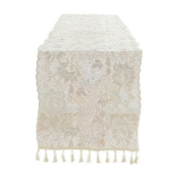 Lace Tassel Table Runner 100x30cm Boho Farmhouse Tablecloth Cover for Dining Table Sideboard Dresser Wedding Party Decor ( White/39.4x11.8in )