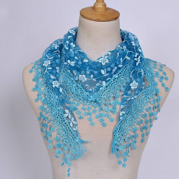 Lace Tassel Wrap Scarf Floral Women Scarf Sheer Shawl Scarf Blue One Size