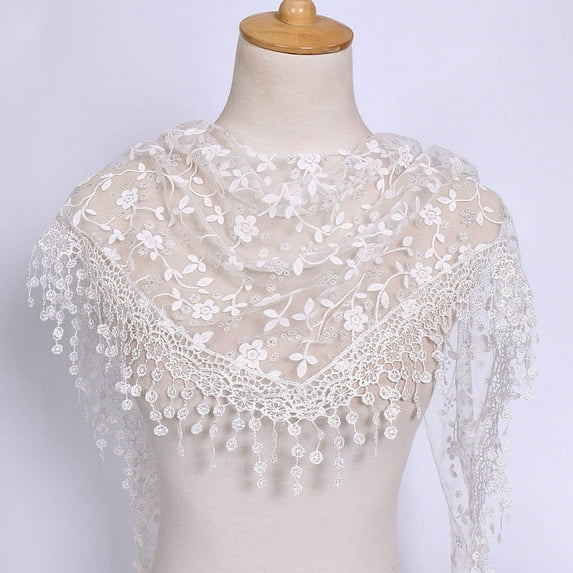 Lace Tassel Wrap Scarf Floral Women Scarf Sheer Shawl Scarf White One Size