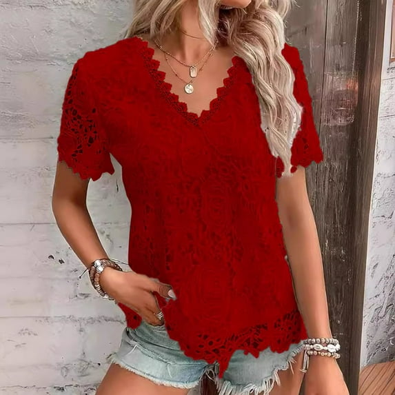 New Lace Tee Shirt Women Vintage Solid Color Short Sleeve V-Neck T-Shirt Streetwear Ladies Casual Fashion Basic T-shirts