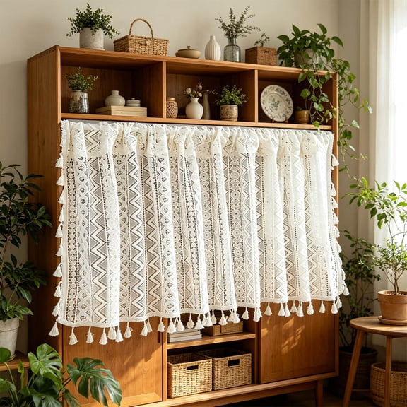 Lace Tier Curtain with Tassels 59x18 Inches Semi Sheer Polyester Kitchen Cafe Curtain for Cabinet and Window Decor Boho Bohemian Style Decorating Breathable Geometric Openwork