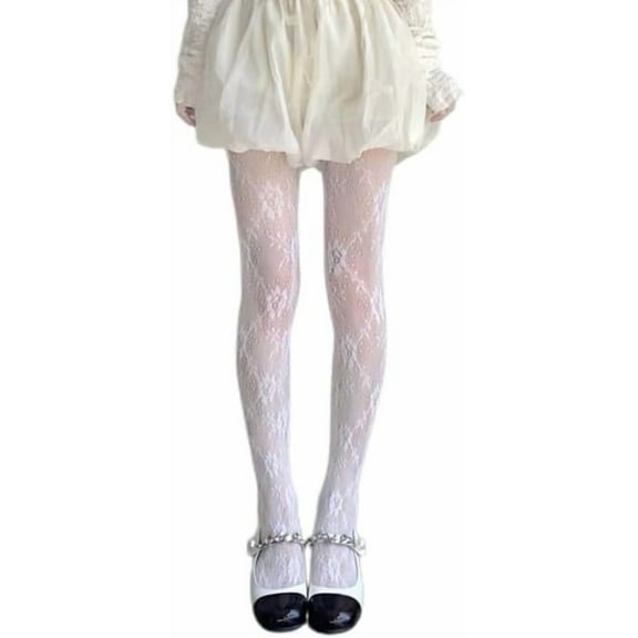 Lace Tights for Women Lolita Hollow Out Floral Lace Pantyhose, Vintage Flower Rose Pattern Fishnet Tights, Ladies Fashion Sexy See-through Mesh Net Tights Thigh Carved Patterned Stockings
