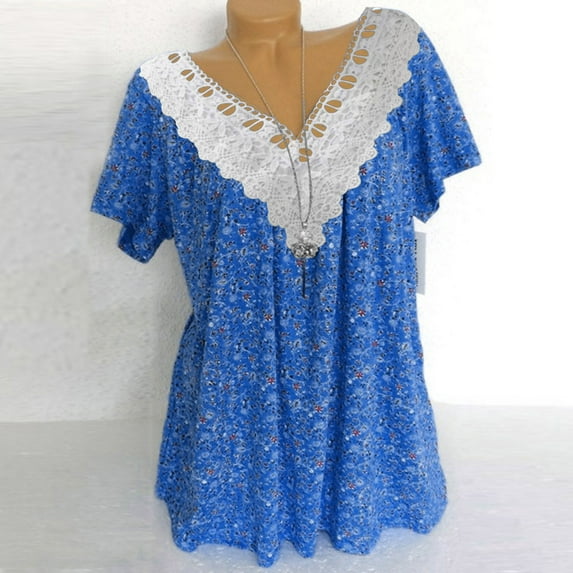 Lace Tops For Women V Neck T Shirts For Women Short Sleeve Shirts For Women Blouses For Women Dressy Casual Summer Lace Tee Tops Printing Shirts Lace Stitching Blouse Blue - M