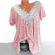 Lace Tops For Women V Neck T Shirts For Women Short Sleeve Shirts For Women Blouses For Women Dressy Casual Summer Lace Tee Tops Printing Shirts Lace Stitching Blouse Pink - L