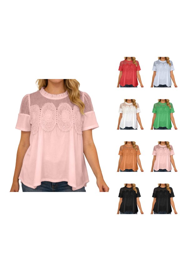 Lace Tops for Women 2026 Summer Casual Relaxed Fit Short Sleeve Round Neck Mesh Patchwork Flared Swing Blouse