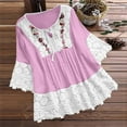 thumbnail image 1 of Lace Tops for Women 3/4 Sleeve Shirts Casual Lace Patchwork V Neck Blouses Loose Dressy Basic T-Shirt Hot Pink S, 1 of 6