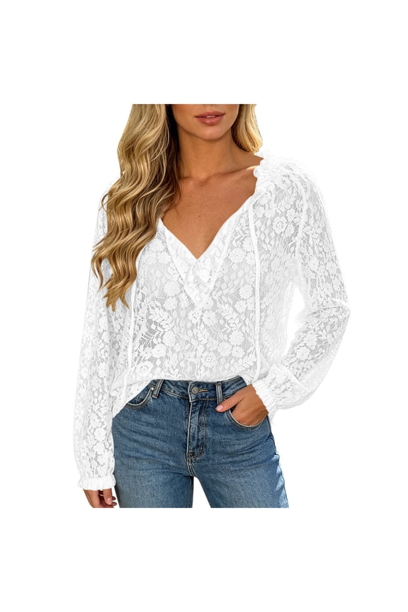 Lace Tops for Women 3/4 Sleeve V Neck Elegant Blouses Dressy Casual Boho Floral Business Shirts S-2XL White