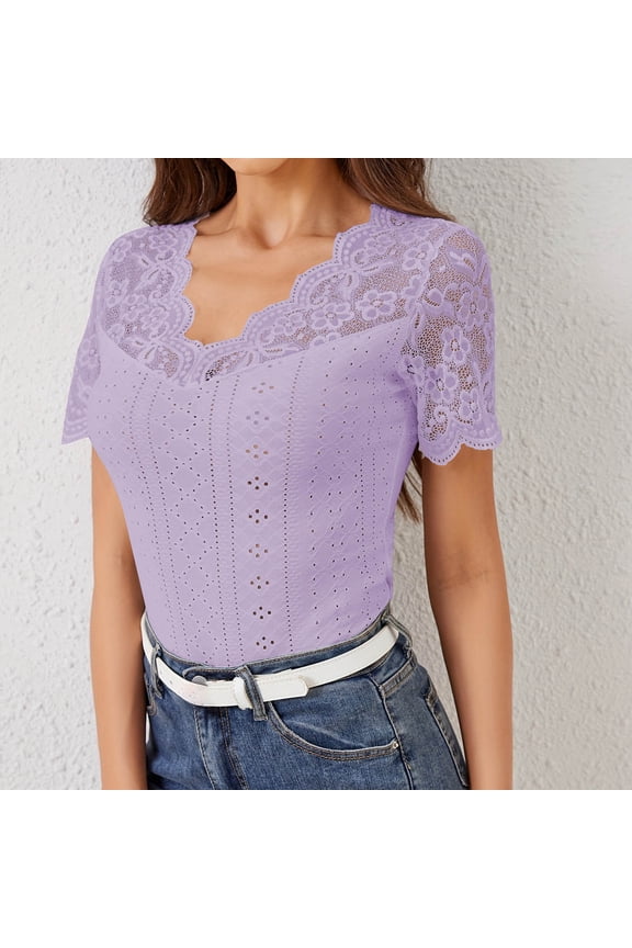 Lace Tops for Women Dressy Embroidered Patchwork Short Sleeve V-Neck Crop Going Out Top