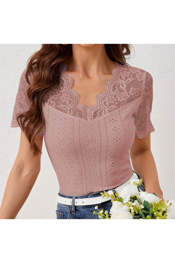 Lace Tops for Women Dressy Embroidered Patchwork Short Sleeve V-Neck Crop Going Out Top