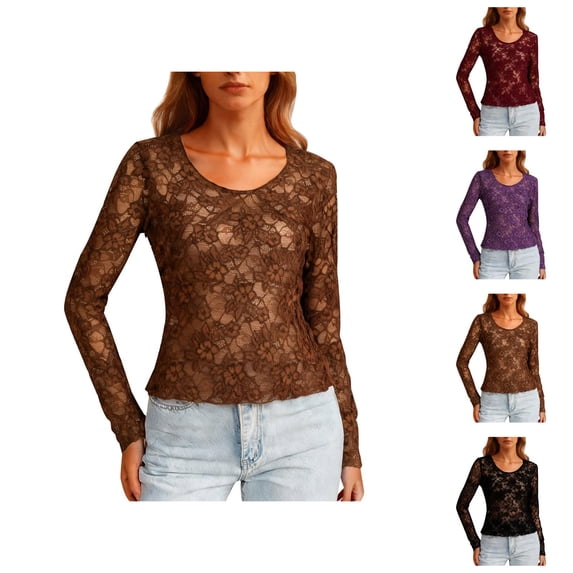 Lace Tops for Women Long Sleeve Floral Lace See through Scoop Neck Fitted Shirts Going out Tops 2026 Trendy Y2k Outfits