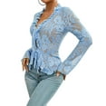 thumbnail image 1 of Lace Tops for Women Long Sleeve See Through Sheer Mesh Crop Top Shirt Open Front Tie Blouse Ruffle Blue L, 1 of 8