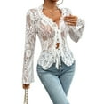 thumbnail image 1 of Lace Tops for Women Long Sleeve See Through Sheer Mesh Crop Top Shirt Open Front Tie Blouse Ruffle Cream White S, 1 of 8