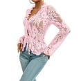 thumbnail image 1 of Lace Tops for Women Long Sleeve See Through Sheer Mesh Crop Top Shirt Open Front Tie Blouse Ruffle Pink M, 1 of 9