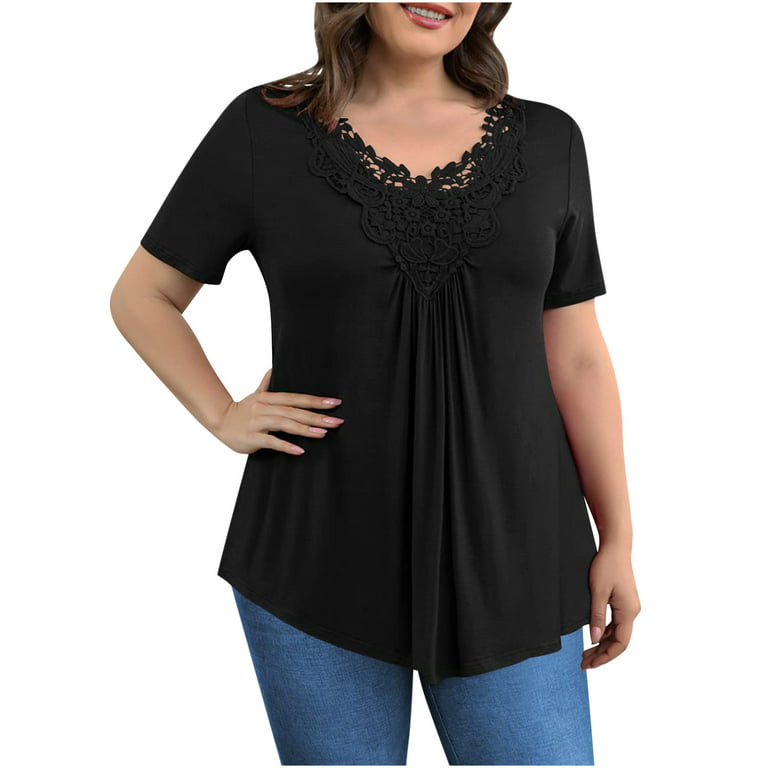 Lace Tops for Women Plus Size Tunic Tops Short Sleeves Shirts Sexy U Neck  Casual Soft Blouse Loose Lace Shirt 
