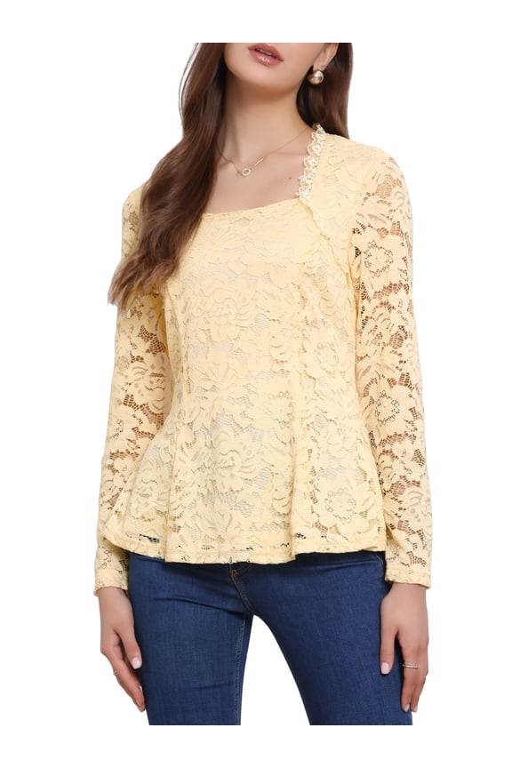 Lace Tops for Women Square Neck Long Sleeve Stertch Elegant Casual Peplum Blouse Top M Apricot