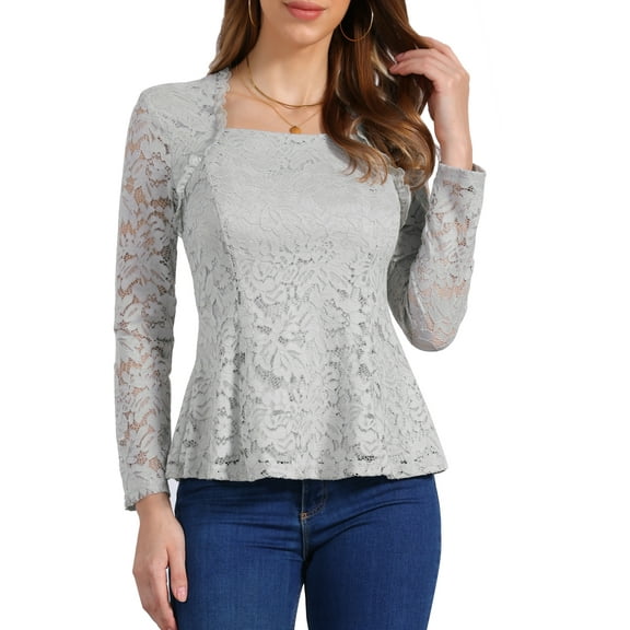 Lace Tops for Women Square Neck Long Sleeve Stertch Elegant Casual Peplum Blouse Top M Grey