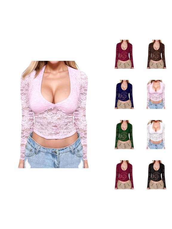 Lace Tops for Women Trendy Casual Long Sleeve Deep V Neck Elegant Sheer Floral Lace Cropped Shirt Y2k Going out Tops