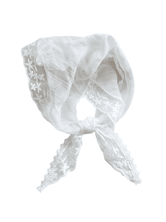 Lace Triangle Scarf, Bohemian Headband for Women, Lightweight Neck Scarf for Spring Summer, White, 25.6 x 25.6 x 35.4 in / 65 x 65 x 90 cm