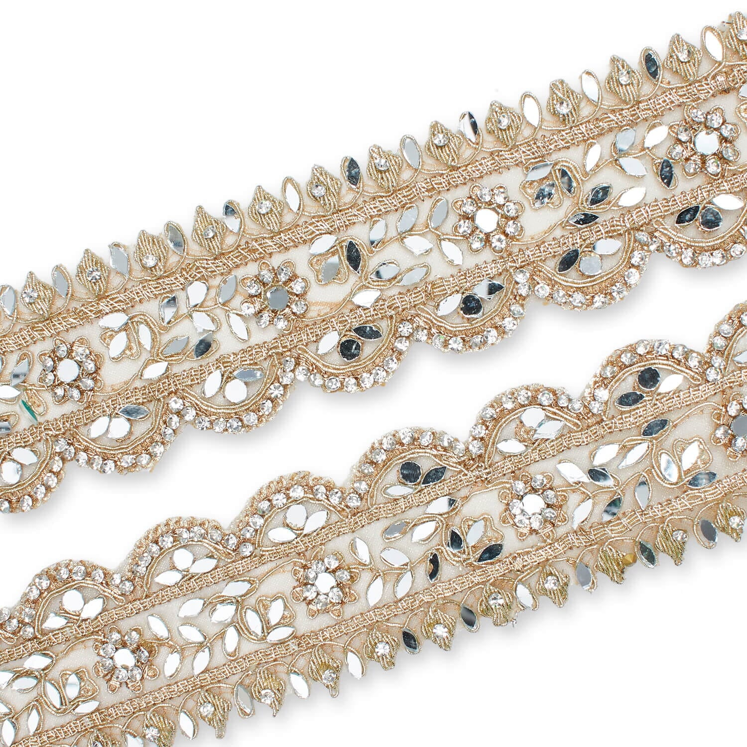 Lace Trim 2 in. Mirror Diamond Rhinestone Reflective Metallic Cording On Sheer Polyester Mesh - Champagne (1 Pack, 9.8 Yards)