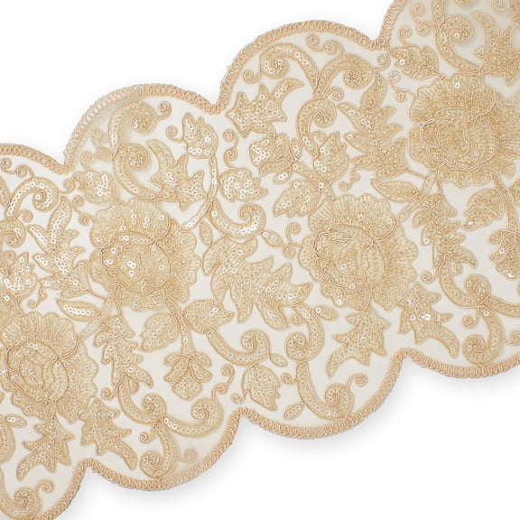 Lace Trim 8" Floral Medium Weight Sheer Sequin Embroidered Corded Polyester Sewing & Embroidery Mesh - Champagne (9 Meters, 1 Pack)