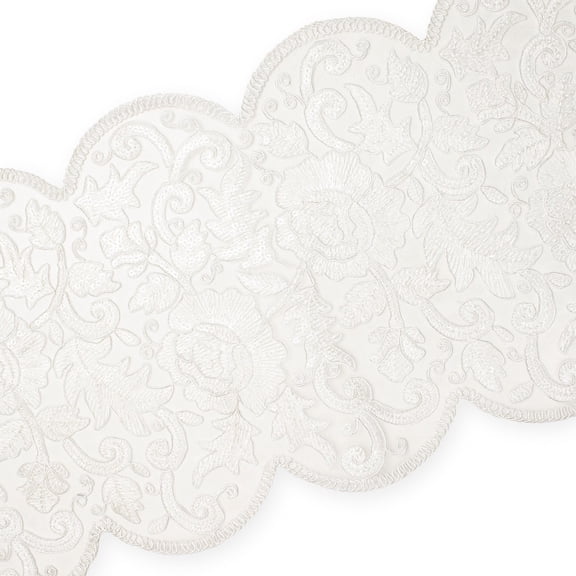Lace Trim 8" Floral Medium Weight Sheer Sequin Embroidered Corded Polyester Sewing & Embroidery Mesh - White (4.5 Meters, 1 Pack)