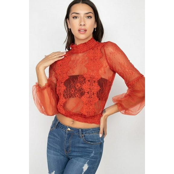 Lace Trim Balloon Sleeve Smocked Top