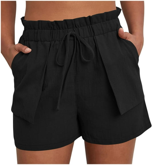 Lace Trim Beach Shorts for Women High Waisted Drawstring with Outer Pockets, Loose Scoop Hem Casual Vacation Shorts