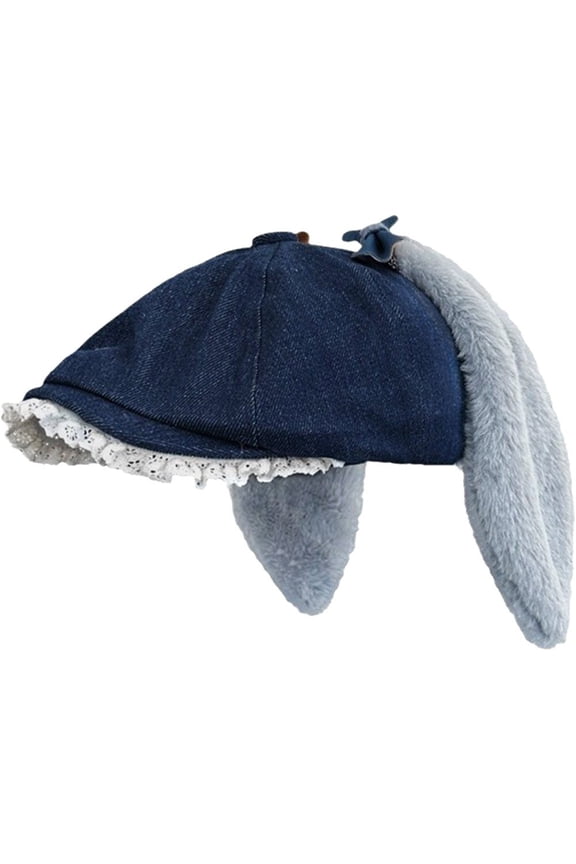 Lace Trim Bowknot Newsboys Hat Plush Bunny Hat Funny Floppy Ear Hat Flat Hat Women Painters Hat