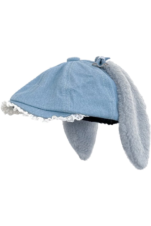 Lace Trim Bowknot Newsboys Hat Plush Bunny Hat Funny Floppy Ear Hat Flat Hat Women Painters Hat