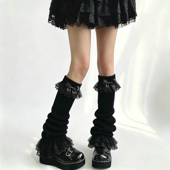 Lace Calf Leg Warmers Women Japanese Cute Bowknot White JK Slouchy Socks Solid Color Hosiery Black