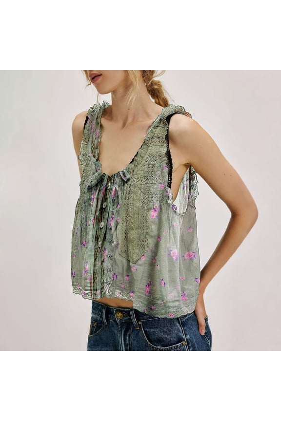 Lace Trim Camisoles for Women, U Neck Sleeveless Ruffled Tie Front Button Down Loose Flowy Boho Crop Tank Tops Casual Daily Layering Outfits, Green L