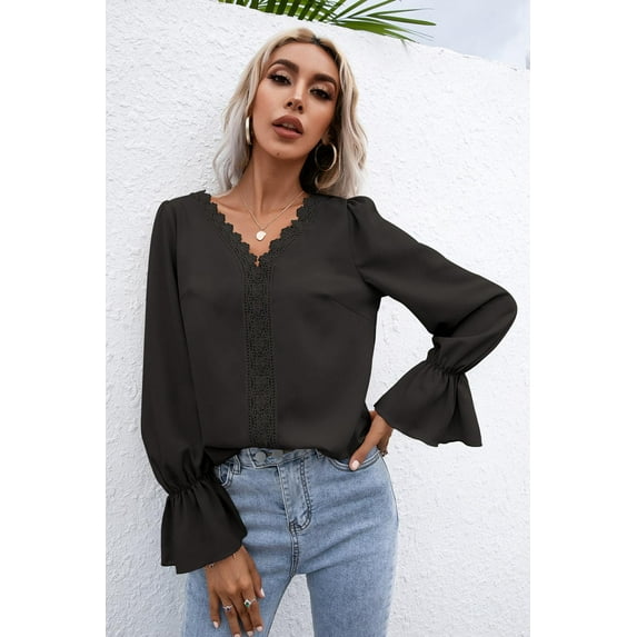 Lace Trim Flounce Sleeve Blouse