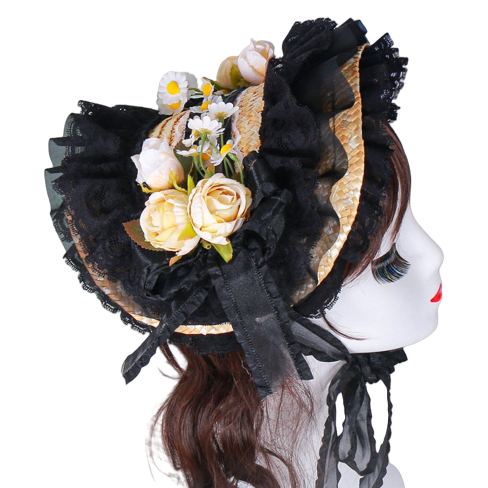 Lace Trim Flower Bonnet Hat For Cocktail Party Cosplay Costume Straw Sun Hat for Vacation Picnics and Formal Occasion