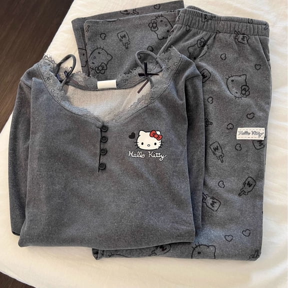 Lace Trim Hello Kitty Velour Pajama Set for Women,Soft Warm 2-Piece Loungewear with Button-Detail Top and Allover Print Pants