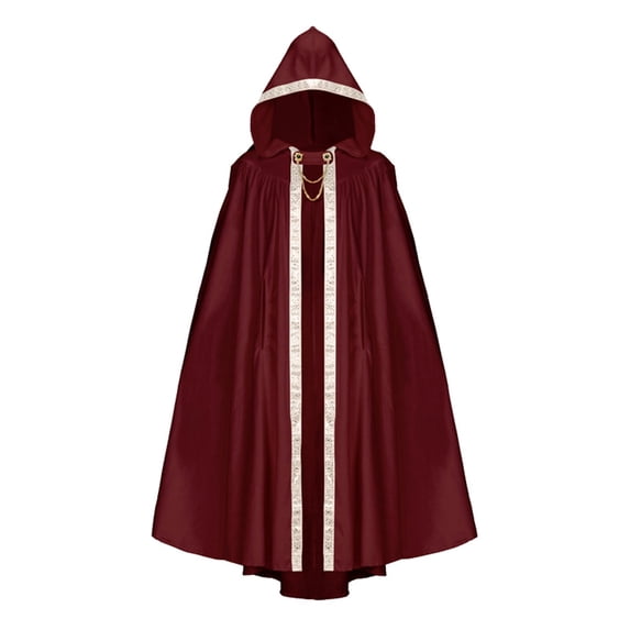 Lace Trim Hooded Cape, Hooded Long Cape Cloak With Lace Trim, Medieval Witch Wizard Hood Robe for Halloween Cosplay, 6 Color Lightweight Full Length Costume Cloak, Wine One Size