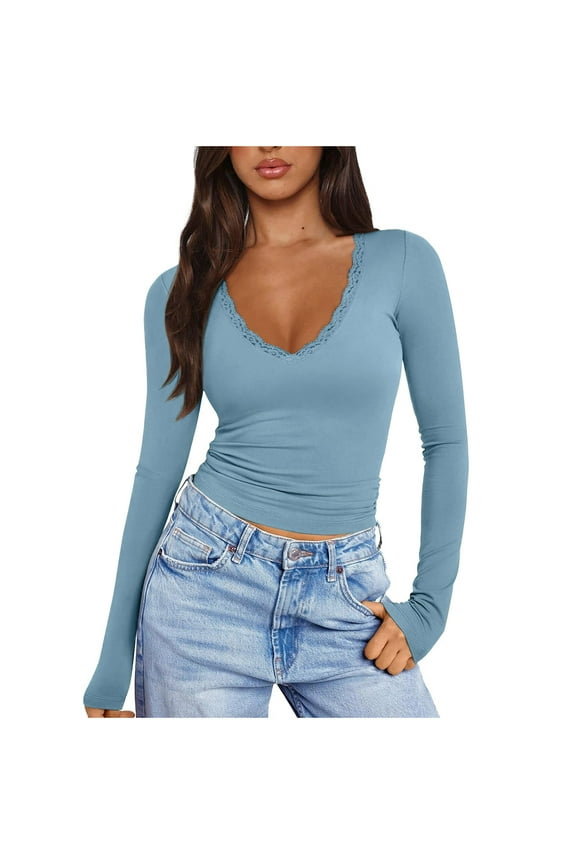Lace Trim Long Sleeve Top Low Cut Shirts for Women Sexy V Neck Slim Fitted Summer Tight Basic Tee