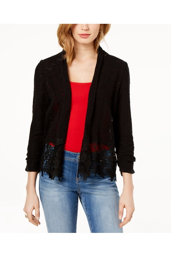 Lace Trim Open Front Topper Cardigan Black S