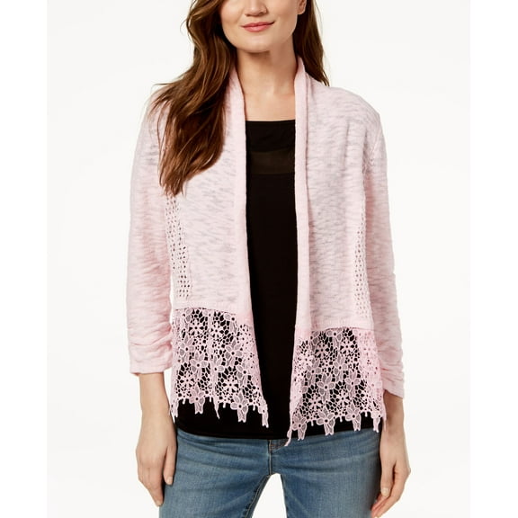 Lace Trim Open Front Topper Cardigan Pink XL