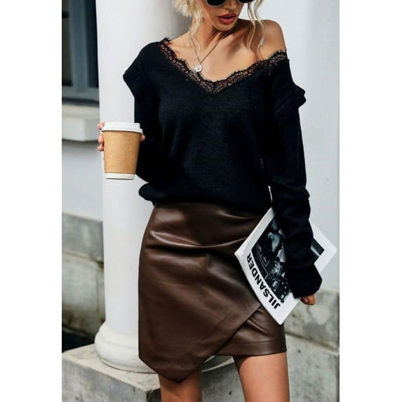Lace Trim Ruffle Shoulder Sweater, Black, Small