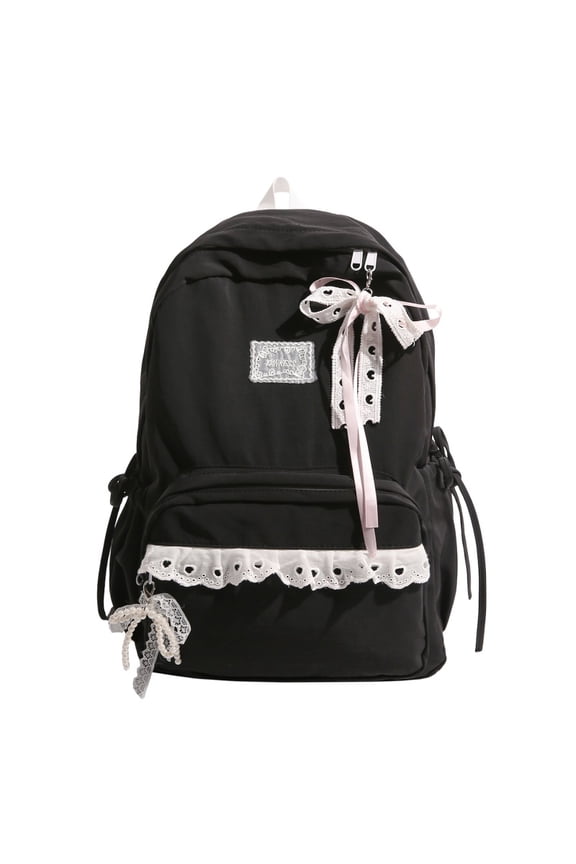 Lace Trim School Backpack, Aesthetic Backpack with Lace Bow, Lightweight Breathable Bookbag for College Work (Black)