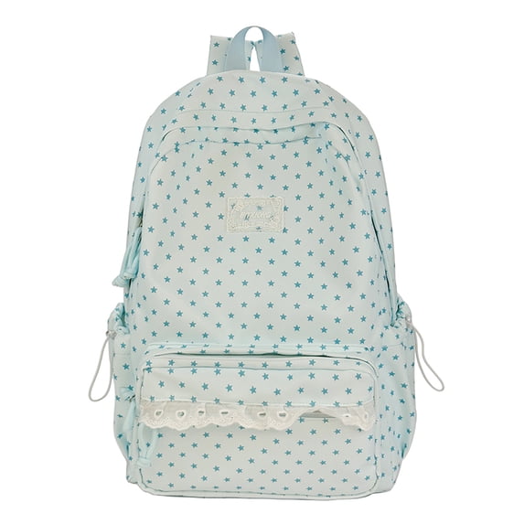 Lace Trim School Backpack, Polka Dot Rucksack with Compartments&Pendant, Water Resistant School Backpack for Travel Shopping Work, Blue