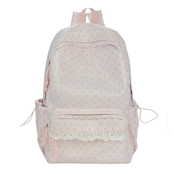 Lace Trim School Backpack, Polka Dot Rucksack with Compartments&Pendant, Water Resistant School Backpack for Travel Shopping Work, Pink
