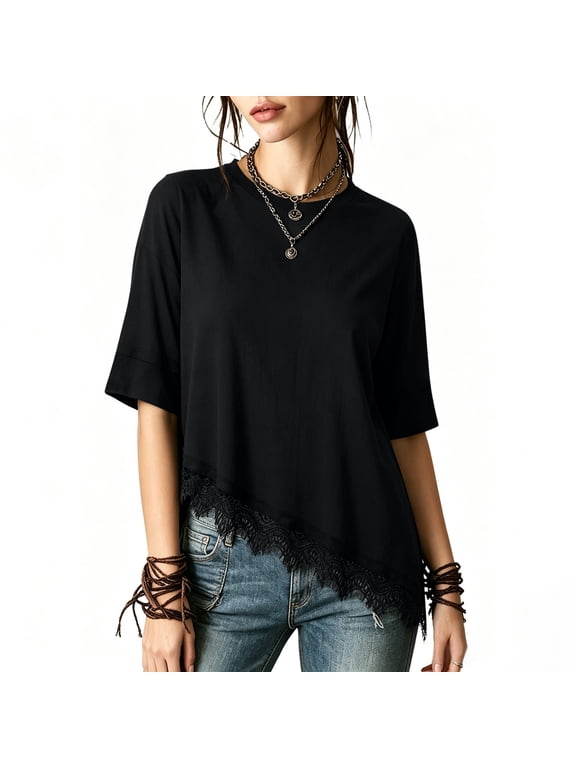 Lace Trim Shirts for Women Crew Neck Half Sleeve Tees Asymmetrical Loose Tops Solid Breathable Casual Blouses Lightweight Fashion Daily T-Shirts