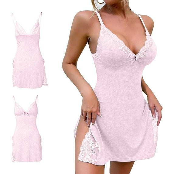 Lace Trim Slit Nightgown Lace Trim Side Sleep Dress Slit Bowknot Decor Sleep Spaghetti Dress, Organic Cotton Sleepwear Sets for Sensitive Skin, Flannel Pajama Sets with Pockets for Winter Nights