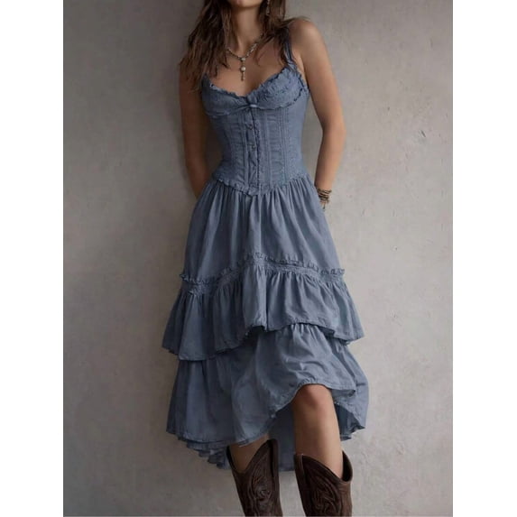 Lace‑Trim Spaghetti‑Strap Camisole Cake‑Layer Dress for Women, Back Tie‑Up Short Outfit