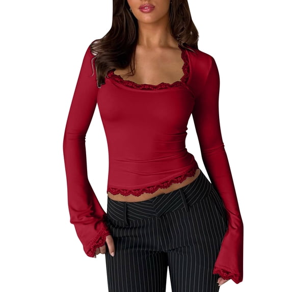 Lace Trim Square Neck Crop Tee for Women Long Bell Sleeve Slim Fitted T Shirts Sexy Stretchy Top Fairy Apparel
