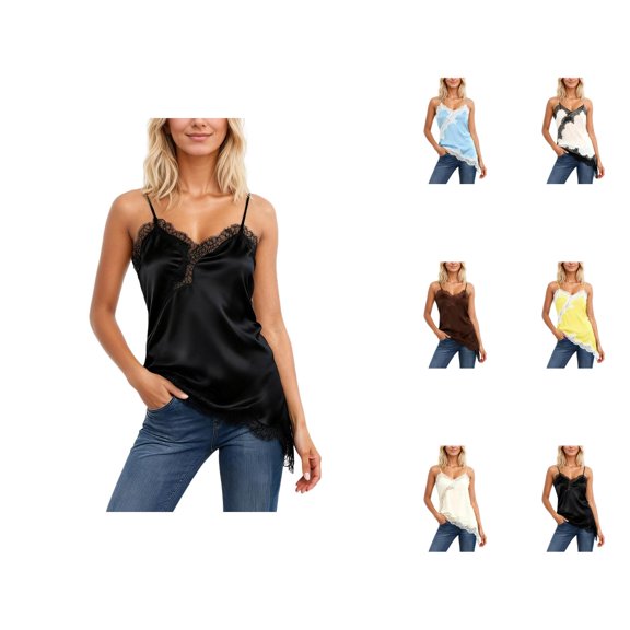 Lace Trim Tank Top for Women 2026 Trendy Spaghetti Strap Lace Patchwork Asymmetrical Hem Camisole Tank Top