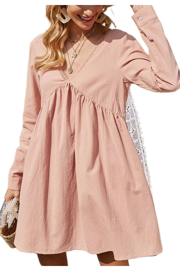 Lace Trim Tie Back Babydoll Dress for Women Above Knee Length