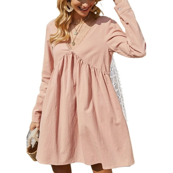 Lace Trim Tie Back Babydoll Dress for Women Above Knee Length