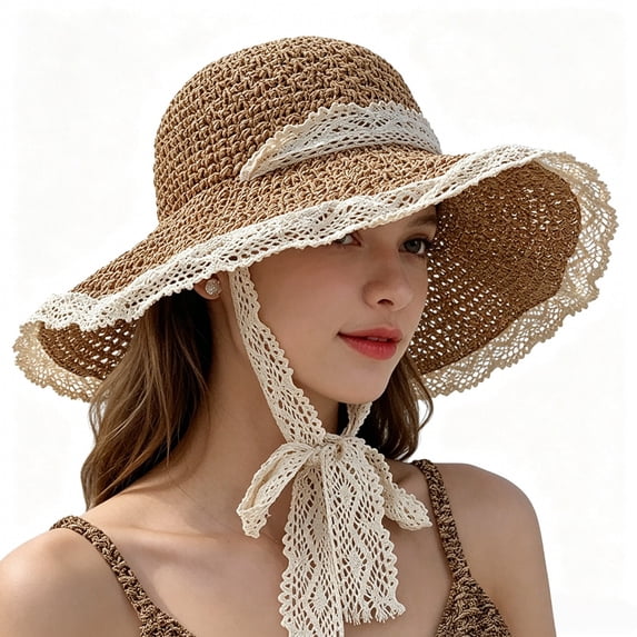 Lace Trim Tie Sun Hat, Woven Beach Cap, Large Brim Outdoor Headwear, Women Delicate Breathable Portable Hat for Outing Vacation Leisure Activity Elegant Summer Sunscreen Head Cap,Khaki